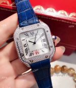 Replica Cartier Santos SS Diamond Blue Leather Strap Watch Quartz_th.jpg